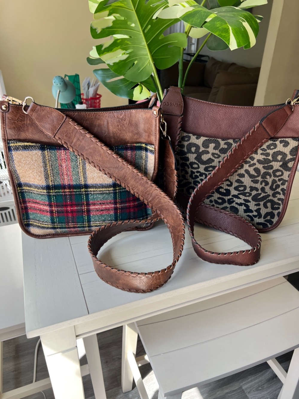 New ✨ 2 Brown Leather Crossbody Bags Plaid & Leopard.